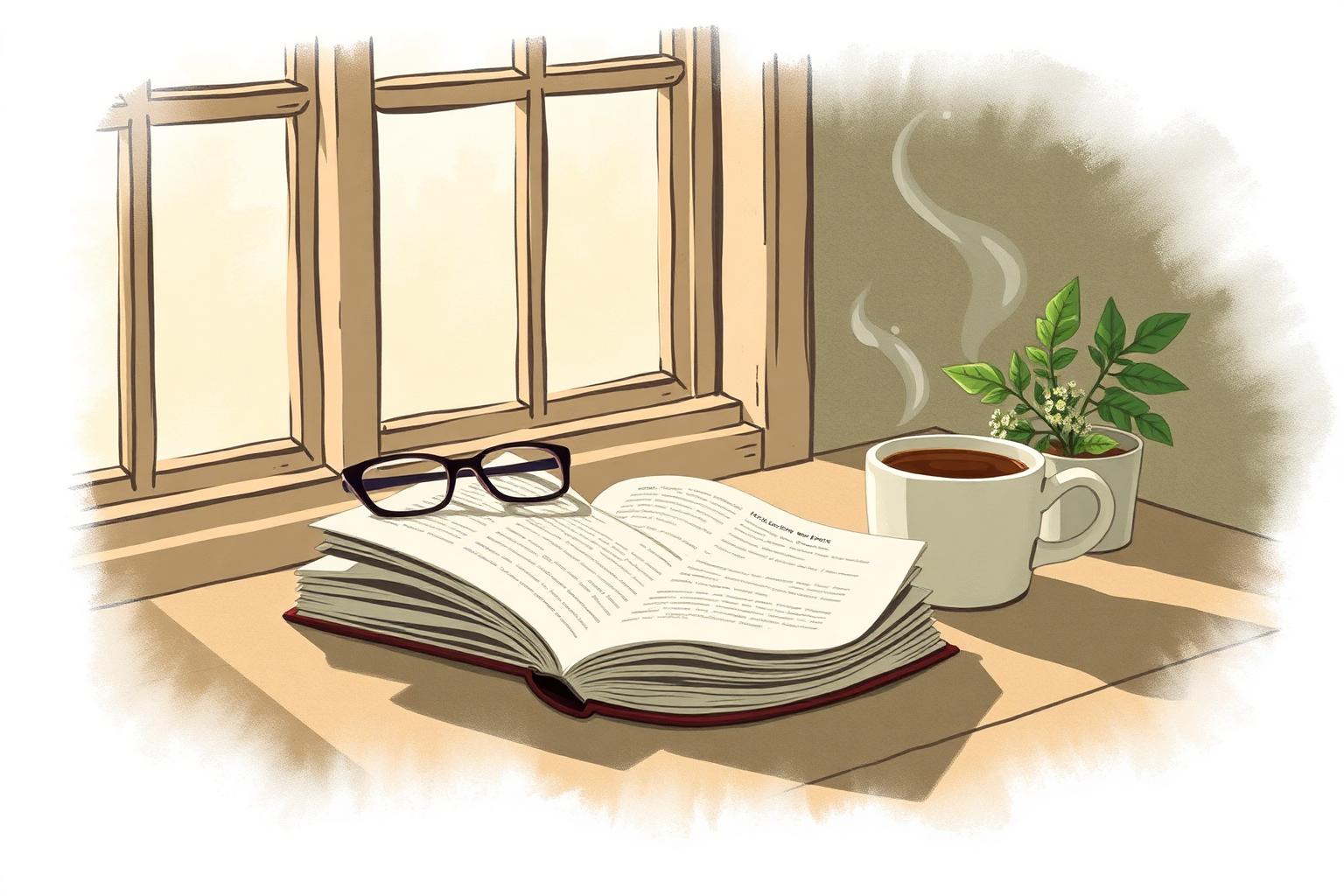 An open book, glasses and coffee on a sunlit desk